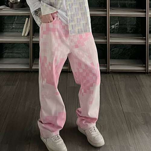 [홍콩명품.LOUIS VUITTON] 루이비통 25SS 로고 다미에 오버핏 데님 팬츠 진 청바지 (핑크), BM23565, KB, 레플리카의류,미러급사이트