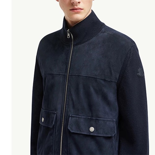 [홍콩명품.MONCLER] 몽클레어 25SS 로고 터틀넥 레이어드 레더 가죽 봄버 자켓 (네이비), BM24073, PG, 레플리카의류,미러급사이트