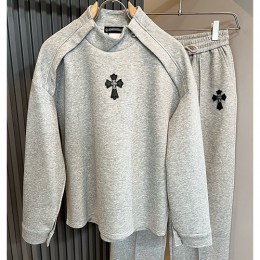 [홍콩명품.Chrome Hearts] 크롬하츠 25SS 로고 크로스 맨투맨 티셔츠 + 조거 팬츠 바지 상하의 세트 (그레이), BM24083, KSM, 레플리카의류,미러급사이트