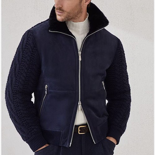 [홍콩명품.Brunello Cucinelli ] 브루넬로 쿠치넬리 26SS 로고 하이넥 레더 가죽 캐시미어 레이어드 봄버 자켓 (네이비), BM24336, TOM, 레플리카의류,미러급사이트