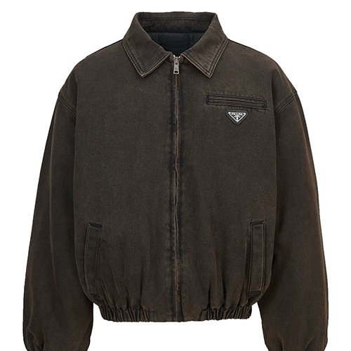 [홍콩명품,PRADA] 프라다 26SS 삼각로고 솜패딩 데님 카라 봄버 자켓 (브라운), BM24738, JL, 레플리카의류,미러급사이트