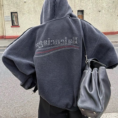 [홍콩명품.BALENCIAGA] 발렌시아가 26SS 로고 웨이브 플리스 후드 집업 자켓 (다크그레이), BM24940, JL, 레플리카의류,미러급사이트