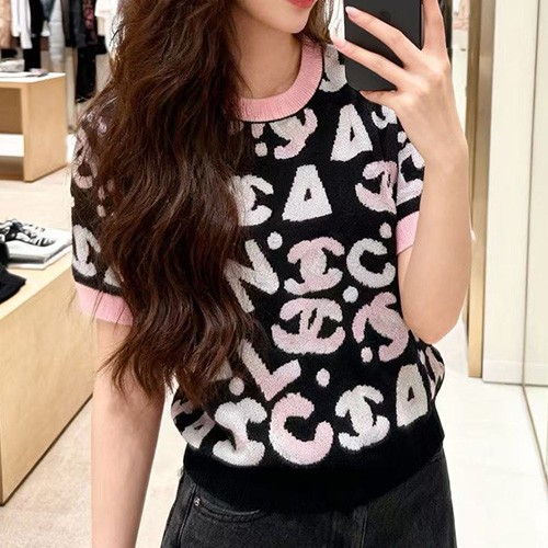 [홍콩명품.CHANEL] 샤넬 26SS 로고 패턴 여성 니트 반팔 티셔츠 (블랙), BM25069, TBG, 레플리카의류,미러급사이트