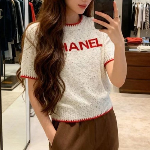 [홍콩명품.CHANEL] 샤넬 26SS 로고 여성 캐시미어 니트 반팔 티셔츠 (그레이), BM25073, TBG, 레플리카의류,미러급사이트