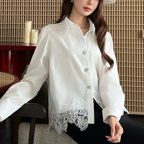 [홍콩명품.CHANEL] 샤넬 26SS 로고 여성 레이스 장식 블라우스 셔츠 (화이트), BM25128, COCO, 무료배송