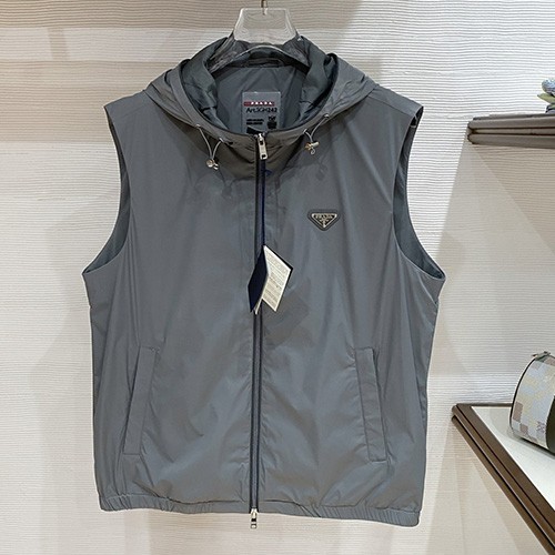 [홍콩명품,PRADA] 프라다 26SS 삼각로고 나일론 후드 조끼 베스트 (그레이), BM25225, BR, 무료배송