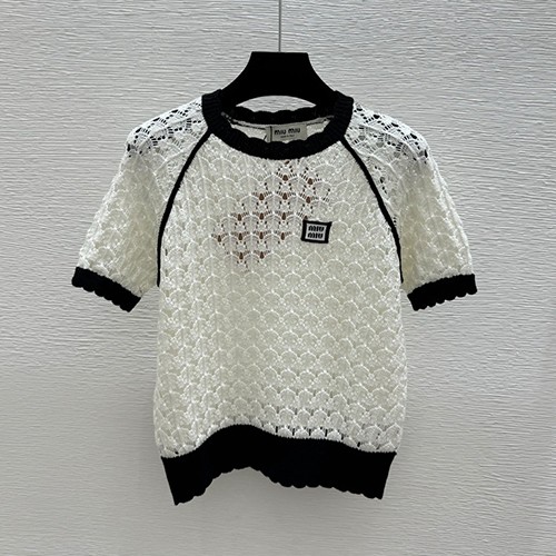 미우미우 로고 여성 시스루 반팔 티셔츠 (화이트) 26SS