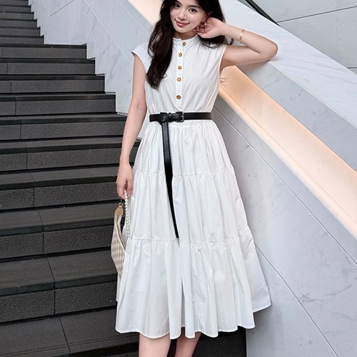 디올 로고 여성 벨티드 슬리브리스 원피스 (화이트) 26SS