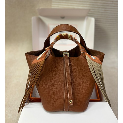 에르메스 로고 레더 가죽 18cm 토트백 핸드백 (브라운) 26SS
