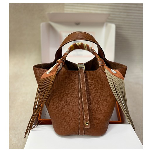 에르메스 로고 레더 가죽 18cm 토트백 핸드백 (브라운) 26SS