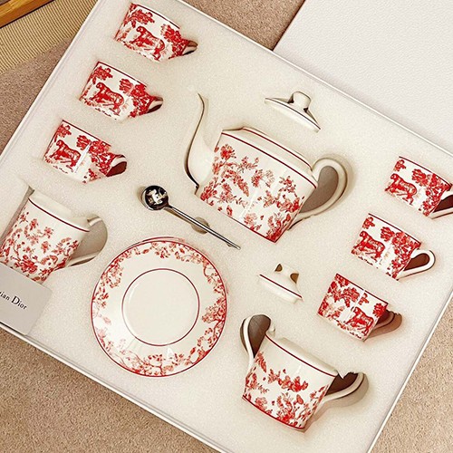 디올 로고 선물용 도자기 티포트 티컵 커피컵 세트 (15pcs 화이트-레드) 26SS