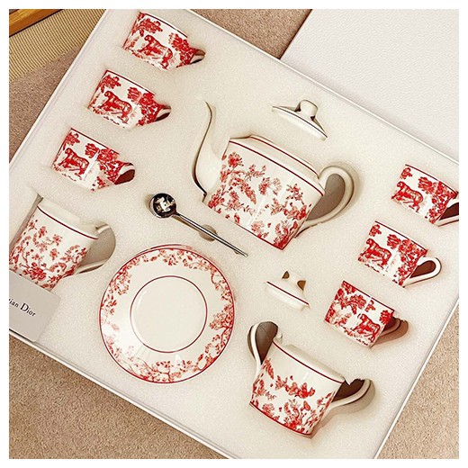 디올 로고 선물용 도자기 티포트 티컵 커피컵 세트 (15pcs 화이트-레드) 26SS