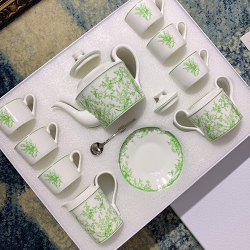 디올 로고 선물용 도자기 티포트 티컵 커피컵 세트 (15pcs 화이트-그린) 26SS