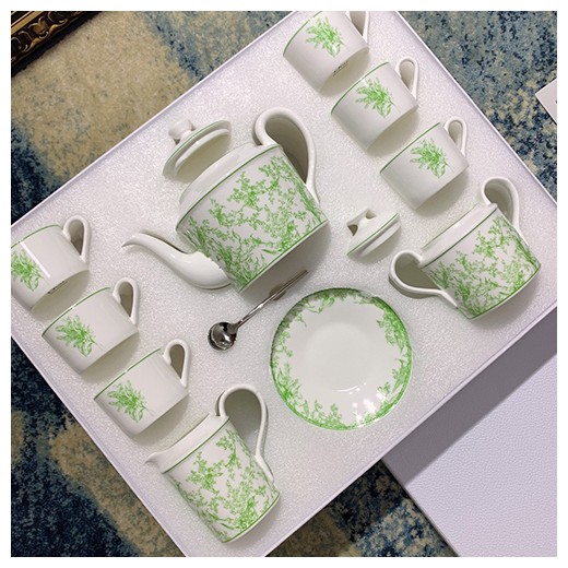 디올 로고 선물용 도자기 티포트 티컵 커피컵 세트 (15pcs 화이트-그린) 26SS