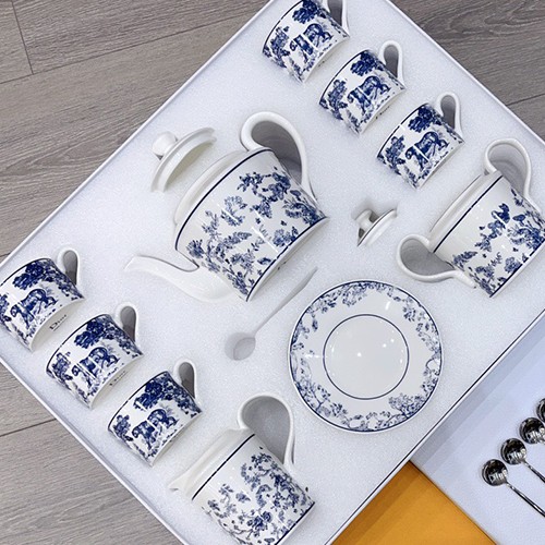 디올 로고 선물용 도자기 티포트 티컵 커피컵 세트 (15pcs 화이트-블루) 26SS