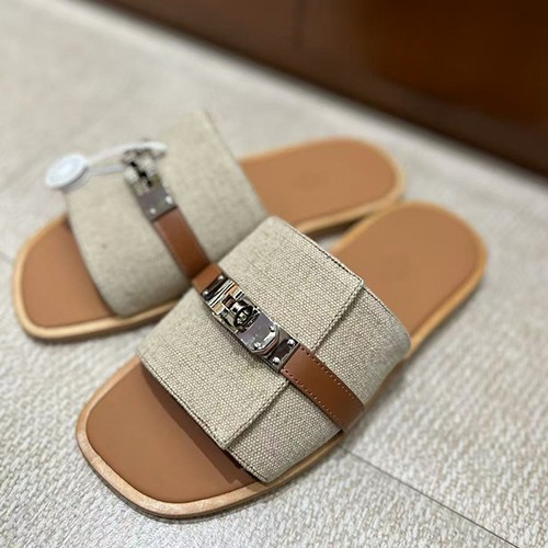 에르메스 로고 남여 Kelly 슬리퍼 (베이지-은장) 26SS
