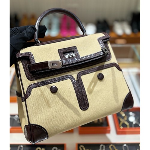 에르메스 로고 Kelly Cargo 28cm 토트백 핸드백 (베이지-은장) 26SS