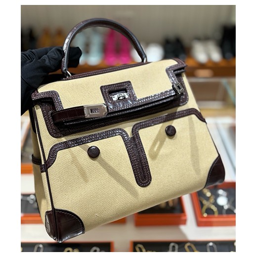 에르메스 로고 Kelly Cargo 28cm 토트백 핸드백 (베이지-은장) 26SS