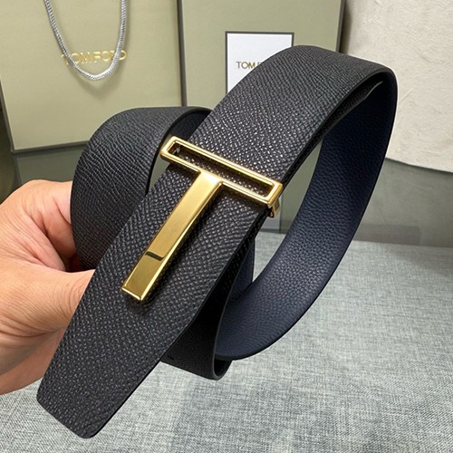 톰포드 로고 레더 가죽 리버서블 3.8cm 벨트 (블랙-네이비-금장) 26SS
