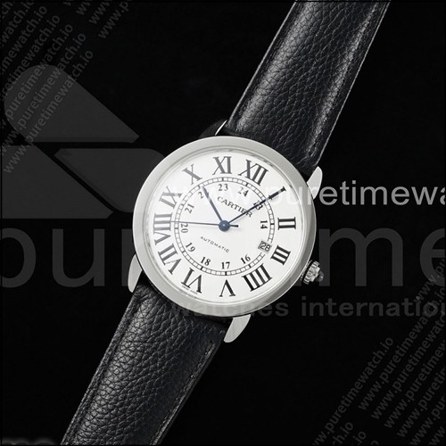 까르띠에 론드 솔로 42mm 스테인리스 스틸 AF 1:1 베스트 에디션 화이트 다이얼 블랙 가죽 스트랩 미요타 9015