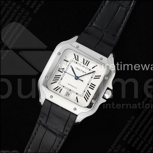 까르띠에 산토스 드 까르띠에 40mm 스테인리스 스틸 AF 1:1 베스트 에디션 화이트 다이얼 블랙 가죽 스트랩 미요타 9015