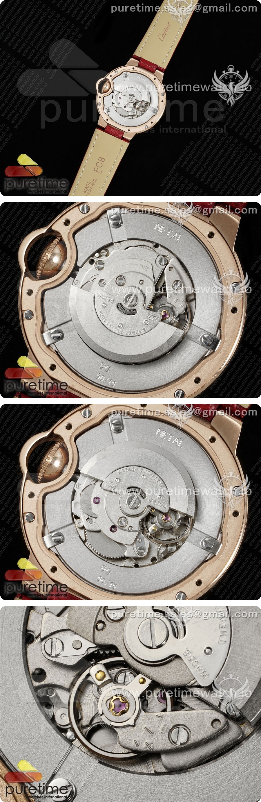 까르띠에 발롱 블루 33mm 로즈골드 AF 1:1 베스트 에디션 실버 텍스처 다이얼 다이아몬드 베젤 레드 가죽 스트랩 론다 쿼츠 상세이미지 5
