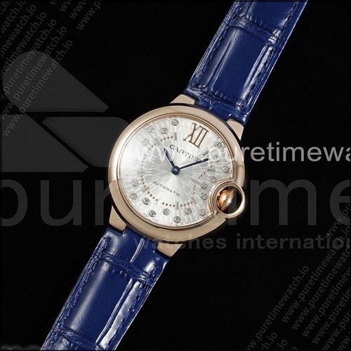까르띠에 발롱 블루 33mm 로즈골드 AF 1:1 베스트 에디션 실버 텍스처 다이얼 블루 가죽 스트랩 론다 쿼츠