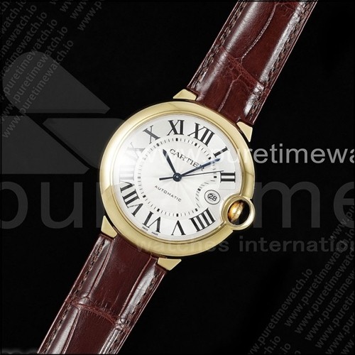 까르띠에 발롱 블루 42mm 옐로우 골드 AF 1:1 베스트 에디션 화이트 텍스처 다이얼 브라운 가죽 스트랩 A2824 V5