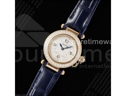 까르띠에 파샤 30mm 로즈골드 AF 1:1 베스트 에디션 화이트 텍스처 다이얼 다이아몬드 베젤 딥 블루 가죽 스트랩 Jaq 쿼츠
