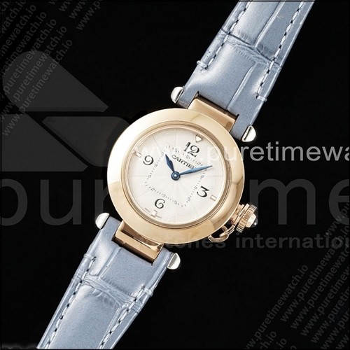 까르띠에 파샤 30mm RG AF 1:1 베스트 에디션 화이트 텍스처 다이얼 블루 가죽 스트랩 Jaq 쿼츠