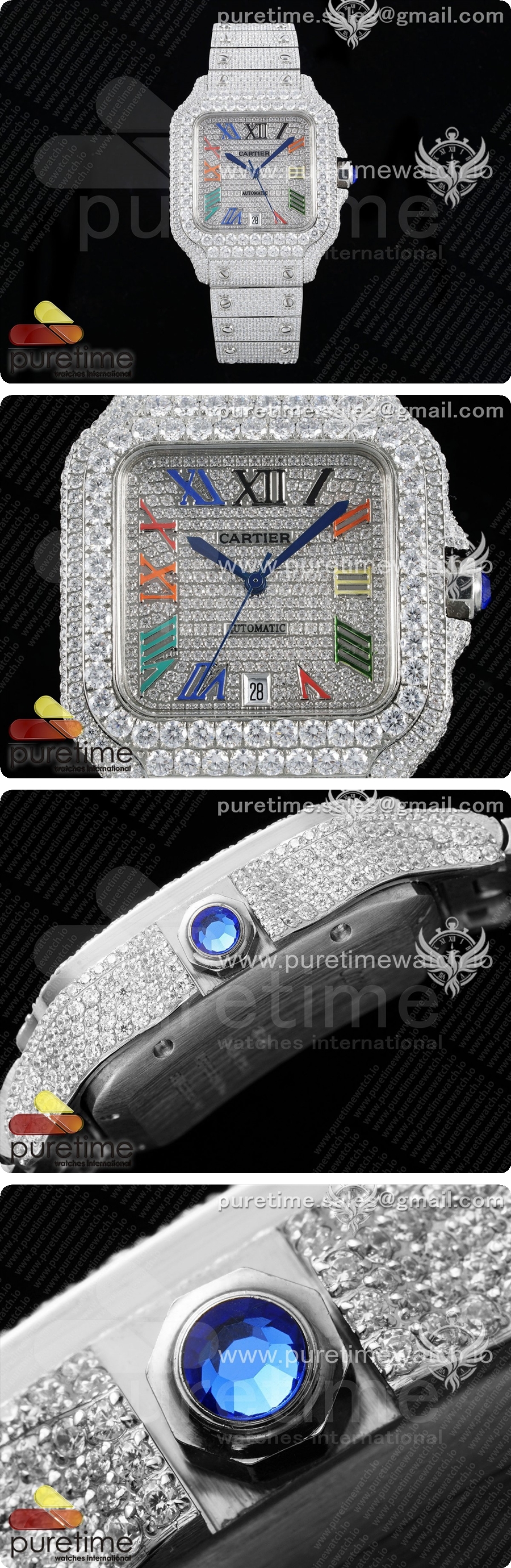 까르띠에 산토스 40mm 풀 다이아몬드 스테인리스 스틸 TWF 베스트 에디션 컬러풀 로만 다이얼 브레이슬릿 미요타 8215 상세이미지 3