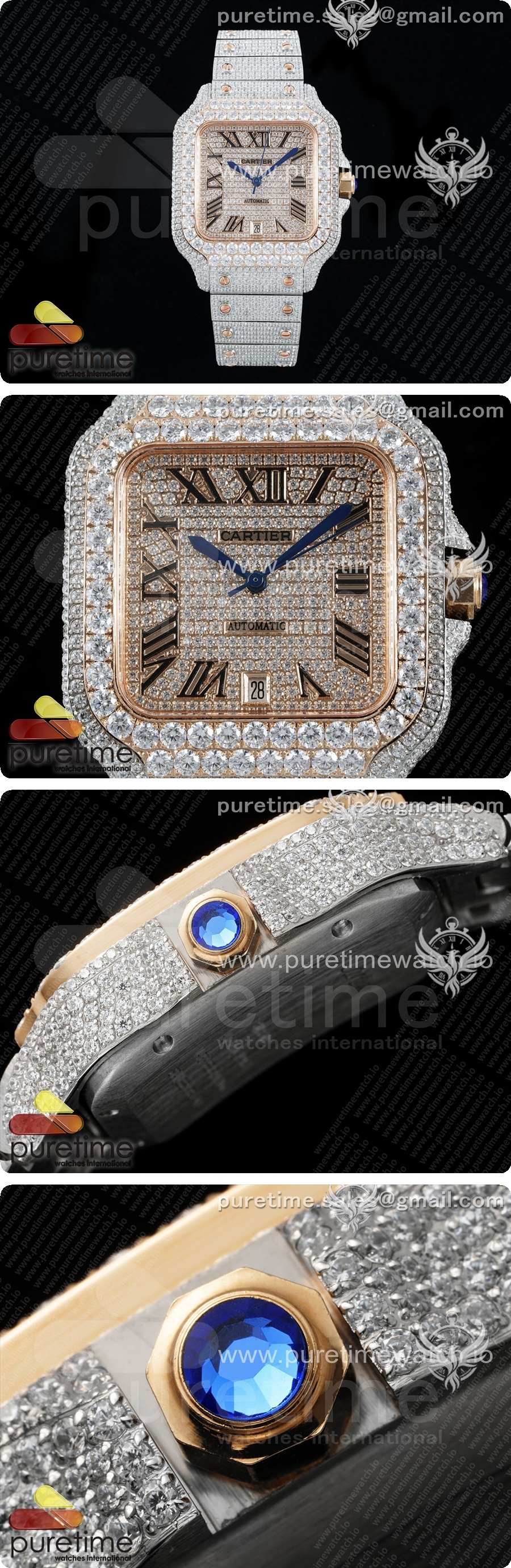 까르띠에 산토스 40mm 풀 다이아몬드 스테인리스 스틸/로지스틱 TWF 베스트 에디션, 로즈 골드 다이아몬드 로마 숫자 다이얼, 브레이슬릿, 미요타 9015 상세이미지 3