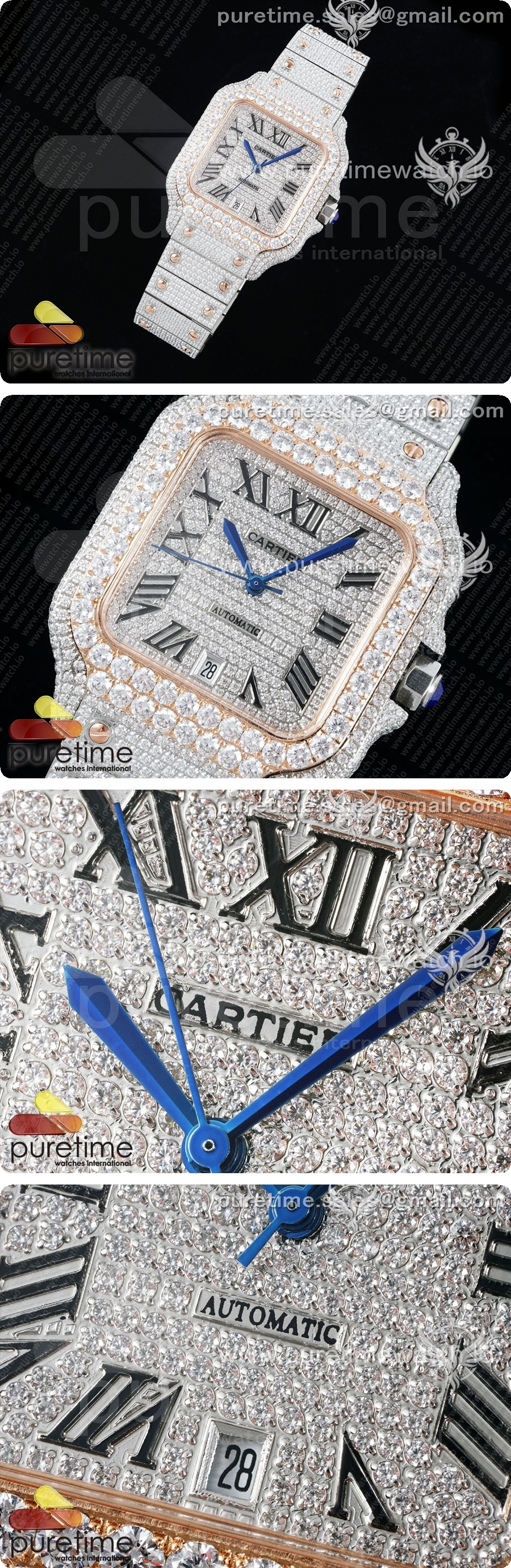까르띠에 산토스 40mm 풀 다이아몬드 스테인레스스틸/로즈골드 TWF 베스트 에디션 SS 다이아몬드 로마 숫자 다이얼 브레이슬릿 MIYOTA 9015 상세이미지 2