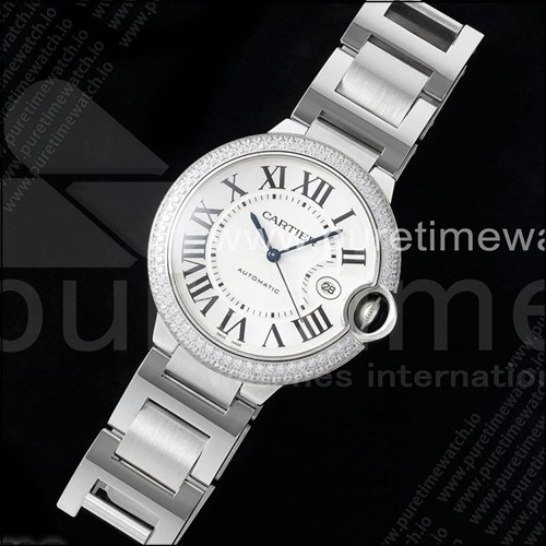 까르띠에 발롱블루 42mm 스테인리스 스틸 AF 1:1 화이트 텍스처 다이얼 다이아몬드 베젤 A2824 V5
