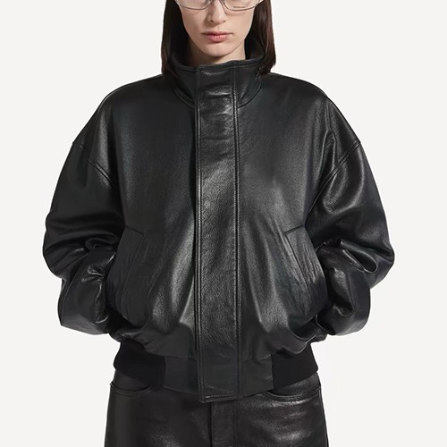 발렌시아가 여성 터틀넥 레더 가죽 봄버 자켓 26SS