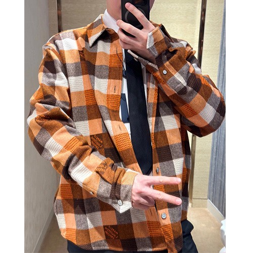 [홍콩명품.LOUIS VUITTON] 루이비통 25SS 로고 다미에 울 남방 셔츠 (오렌지), BM22261, S1F, 레플리카의류,미러급사이트