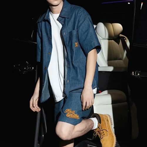 [홍콩명품.LOUIS VUITTON] 루이비통 25SS 로고 자수 데님 반팔 남방 셔츠 + 데님 쇼츠 반바지 상하의 세트, BM22418, KB, 레플리카의류,미러급사이트