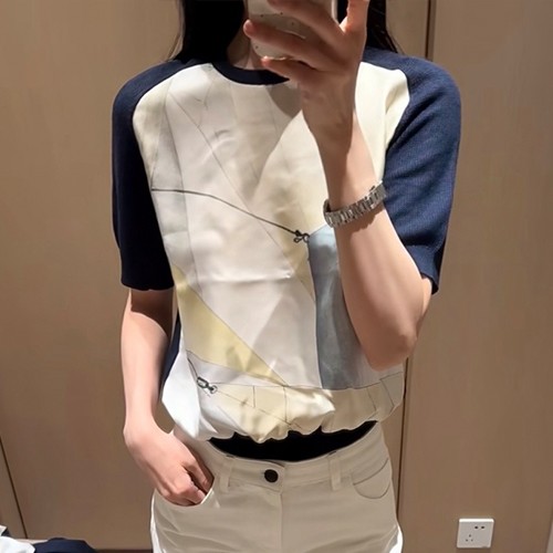 로로피아나 로고 여성 니트 반팔 티셔츠 (네이비) 26SS