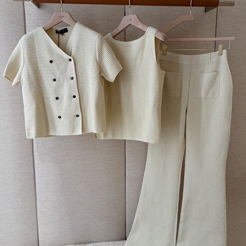 로로피아나 로고 여성 반팔 가디건 + 탑 + 팬츠 바지 3PCS 상하의 세트 (아이보리) 26SS