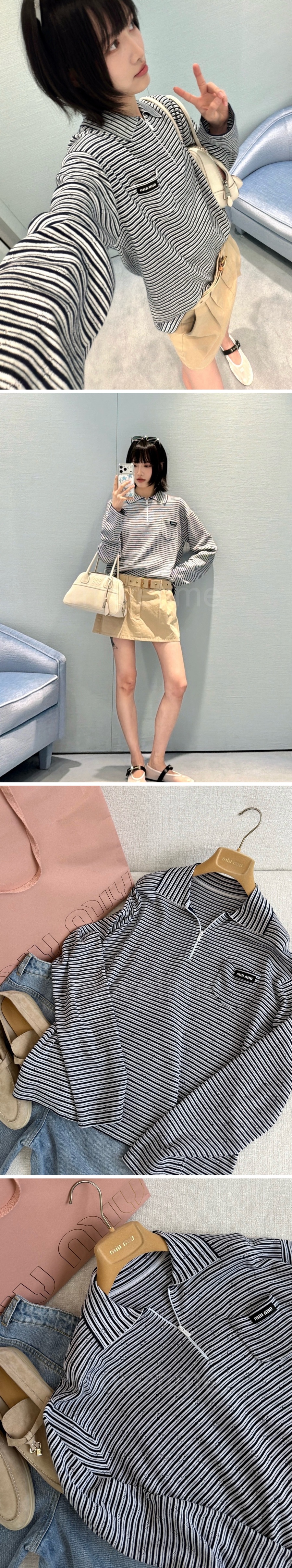 미우미우 여성 스트라이프 하프지퍼 카라 긴팔 티셔츠 26SS 상세이미지 3